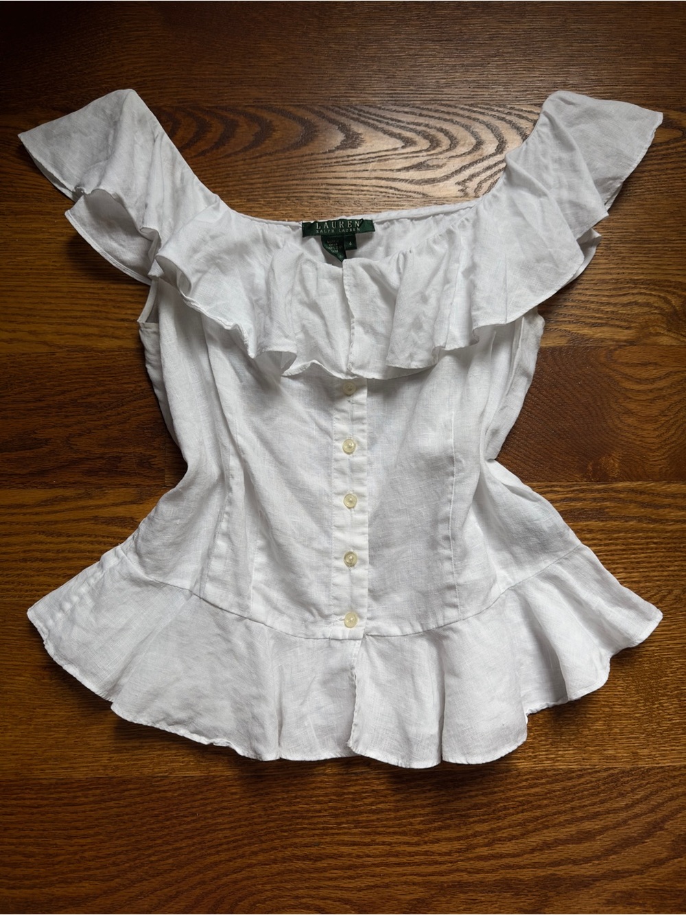 Ralph Lauren White Ruffle Off-Shoulder Linen Top